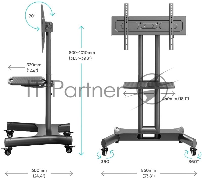 Cтойка для телевизора с кронштейном ONKRON 32-70, мобильная, чёрная TS1350