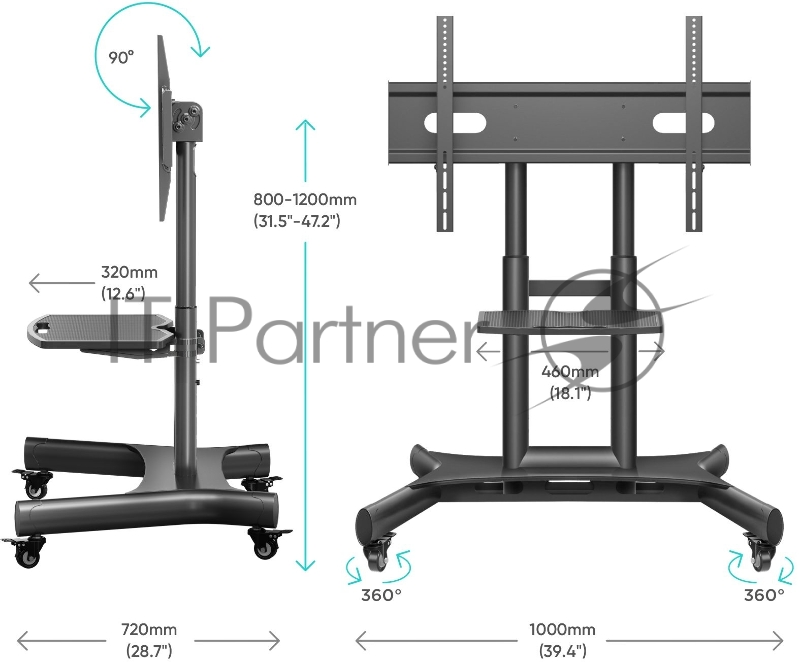 Cтойка для телевизора с кронштейном ONKRON 50-83, мобильная, чёрная TS1380