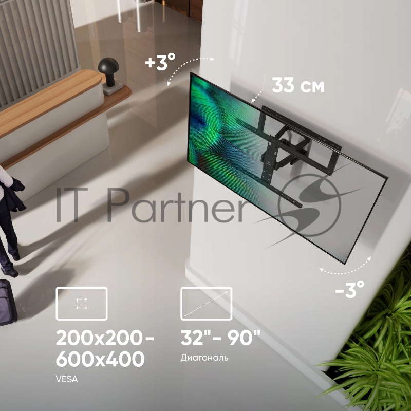 Кронштейн для телевизора ONKRON SM6 32-90 наклонно-поворотный, черный