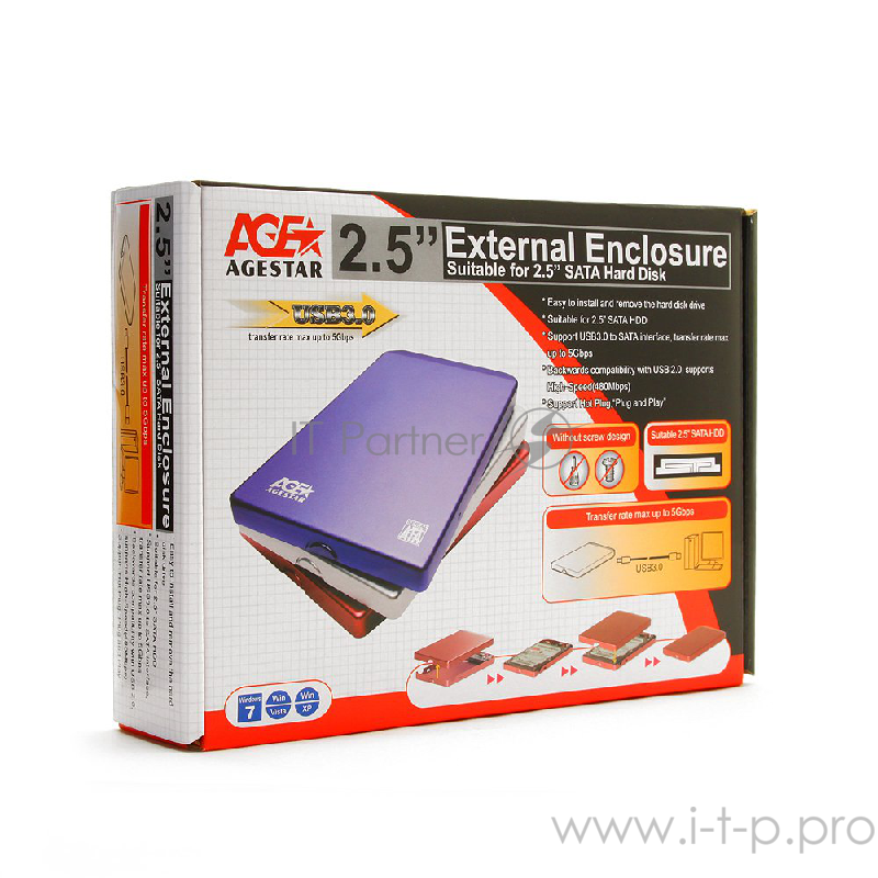 Контейнер Agestar 3UB2O1 для 2.5 SATA HDD, алюминиевый, серебр. (USB3.0)