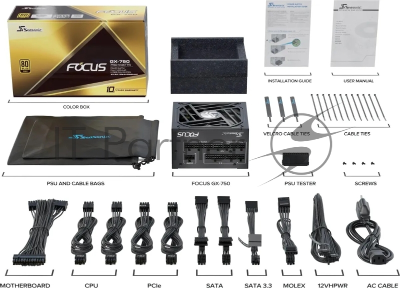 Блок питания Seasonic ATX 750W Focus GX-750 80+ gold (20+4pin) APFC 135mm fan 10xSATA Cab Manag RTL