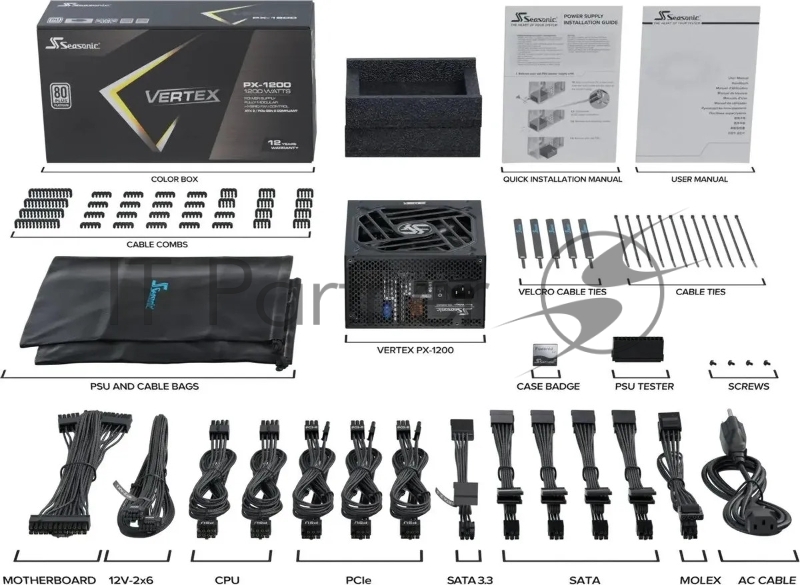 Блок питания Seasonic ATX 1200W VERTEX PX-1200 80+ platinum (20+4pin) APFC 135mm fan 18xSATA Cab Manag RTL