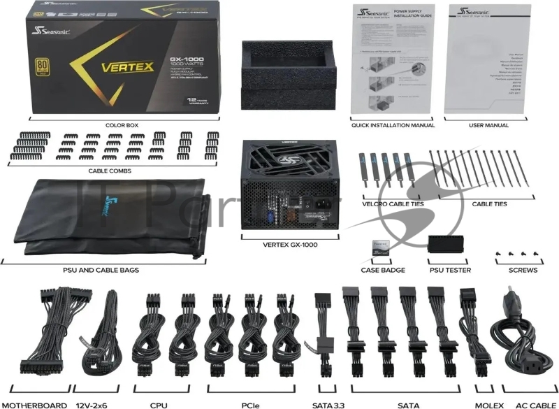 Блок питания Seasonic ATX 1000W VERTEX GX-1000 80+ gold (20+4pin) APFC 135mm fan 18xSATA Cab Manag RTL