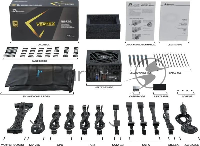 Блок питания Seasonic ATX 750W VERTEX GX-750 80+ gold (20+4pin) APFC 135mm fan 14xSATA Cab Manag RTL