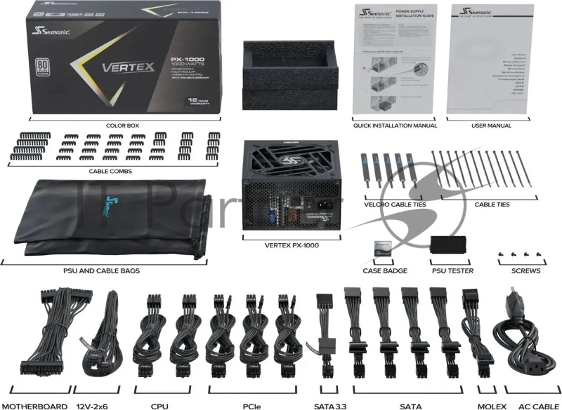 Блок питания Seasonic ATX 1000W VERTEX PX-1000 80+ platinum (20+4pin) APFC 135mm fan 18xSATA Cab Manag RTL
