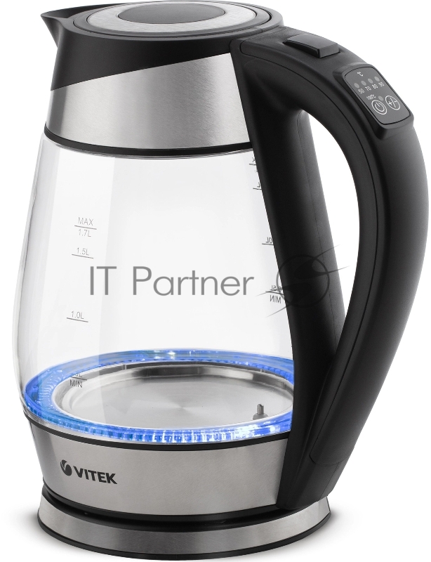 Чайник электрический Vitek VT-1177 1.7л. 2200Вт серебристый/черный корпус: стекло/металл/пластик
