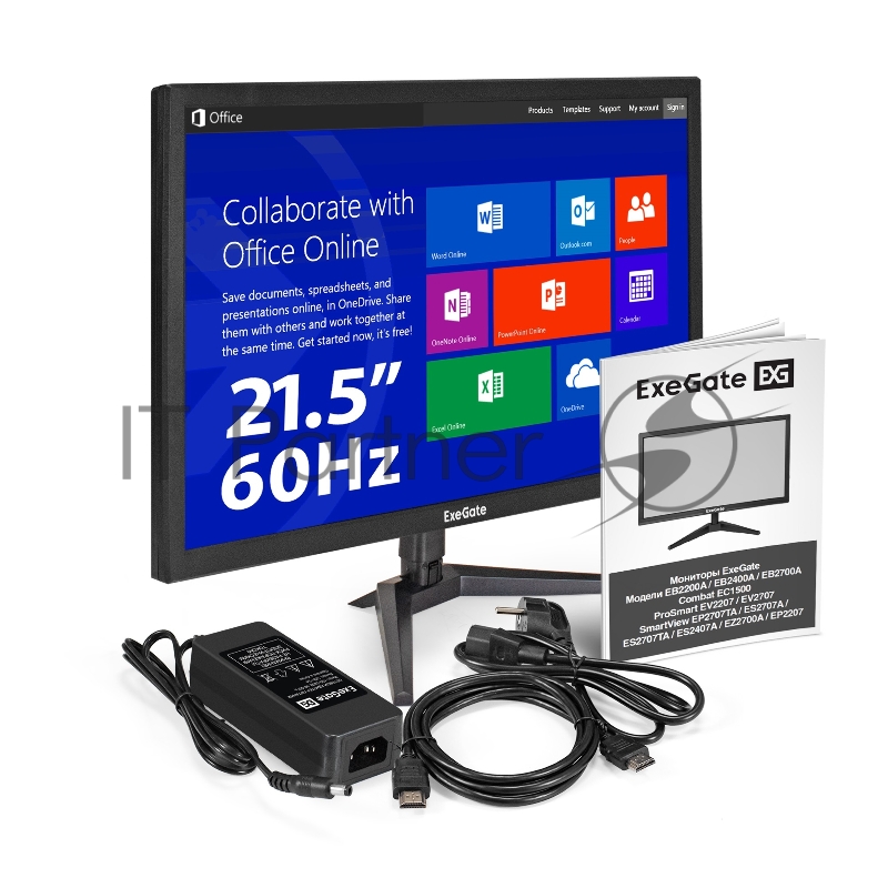 Монитор 21.5 ExeGate EB2200A (VA LED Grade A+, FHD, 1920x1080@75Гц, 16:9, 200cd/m2, 3000:1, 170°/160°, 5ms, D-Sub, HDMI, Flicker-free, Low Blue Light, кабель HDMI 1.5м, VESA 75x75, регулировка наклона (tilt), черный)