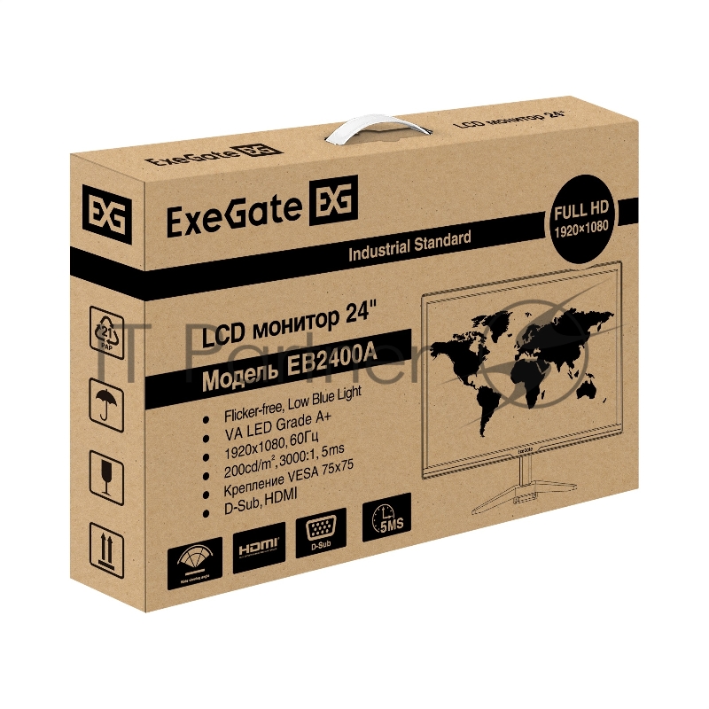 Монитор 24 ExeGate EB2400A (VA LED Grade A+, FHD, 1920x1080@75Гц, 16:9, 200cd/m2, 3000:1, 170°/160°, 5ms, D-Sub, HDMI, Flicker-free, Low Blue Light, кабель HDMI 1.5м, VESA 75x75, регулировка наклона (tilt), черный)