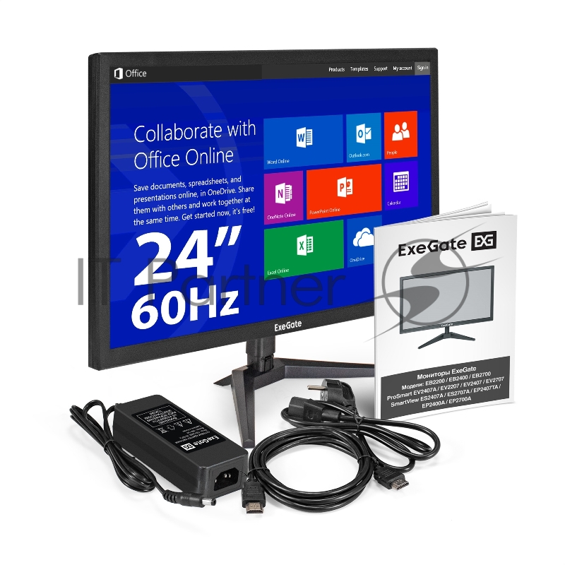 Монитор 24 ExeGate EB2400A (VA LED Grade A+, FHD, 1920x1080@75Гц, 16:9, 200cd/m2, 3000:1, 170°/160°, 5ms, D-Sub, HDMI, Flicker-free, Low Blue Light, кабель HDMI 1.5м, VESA 75x75, регулировка наклона (tilt), черный)