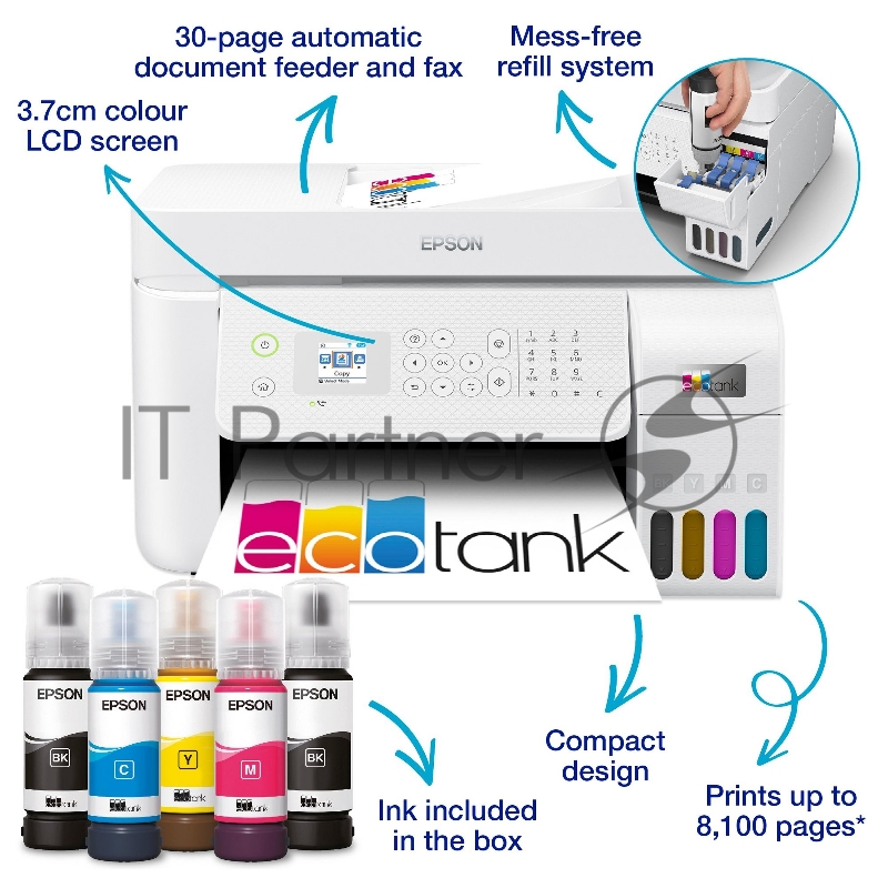 МФУ струйный Epson EcoTank L5296 (C11CJ65411) белый, A4, ч/б печ. 33стр/мин., цв. печ. 15стр/мин., 5760x1440 DPI, 2400х1200 DPI, USB, Ethernet, Wi-Fi