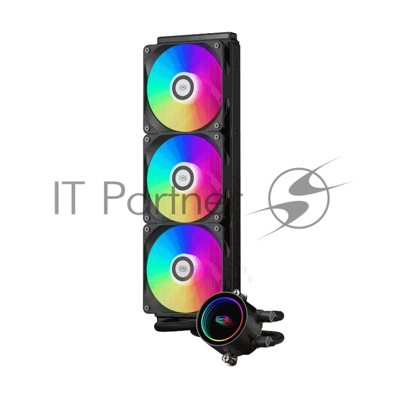 Система охлаждения/ PCCooler DA360 ARGB BK (280W, 360mm, Black, ARGB/ Fans: 3x120mm, 72.1CFM, 33.8dBA, 1800RPM/ Pump height 55mm, 28dBA, 3000RPM, Rad thickness 27mm/ S: 1851, 1700, 1200, 20XX, 115X, AM5, AM4)