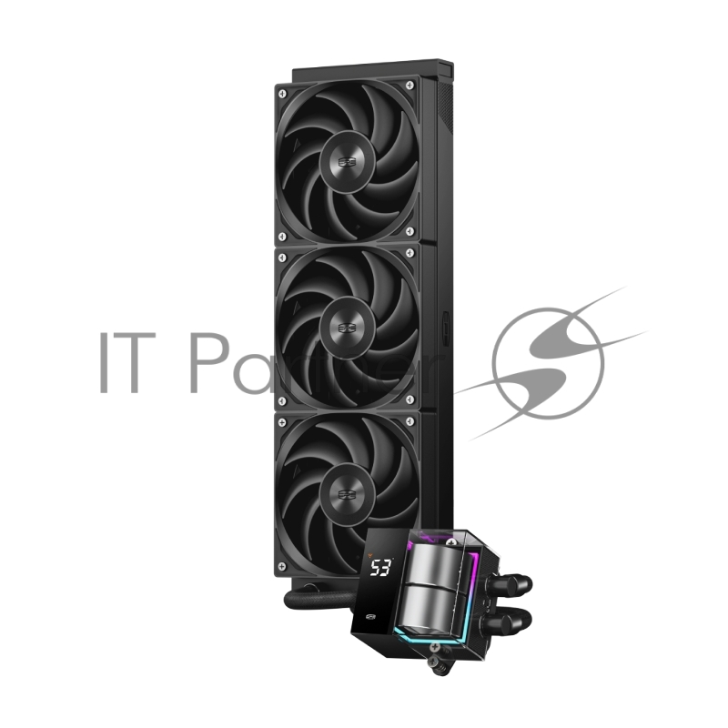 Система охлаждения/ PCCooler DS360 BK (310W, 360mm, LED temp., Black, ARGB Pump/ Fans: 3x120mm, 86.73CFM, 28dBA, 2200RPM/ Pump height 67mm, 28dBA, 3200RPM, Rad thickness 27mm/ S: 1851, 1700, 1200, 20XX, 115X, AM5, AM4)