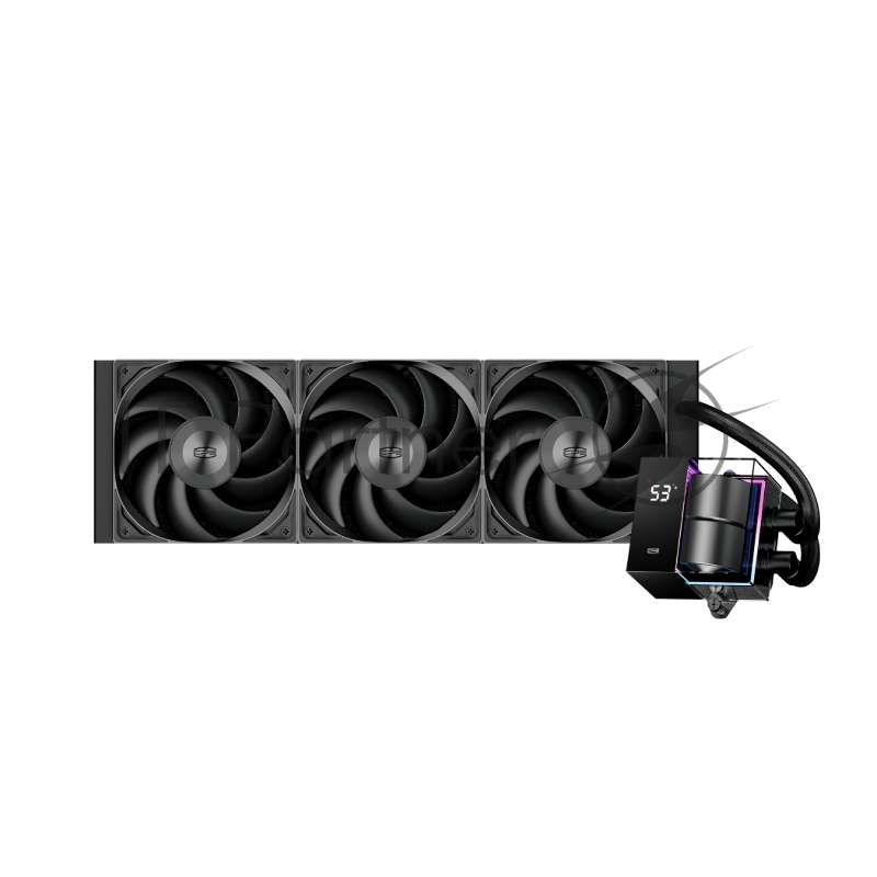 Система охлаждения/ PCCooler DS360 BK (310W, 360mm, LED temp., Black, ARGB Pump/ Fans: 3x120mm, 86.73CFM, 28dBA, 2200RPM/ Pump height 67mm, 28dBA, 3200RPM, Rad thickness 27mm/ S: 1851, 1700, 1200, 20XX, 115X, AM5, AM4)