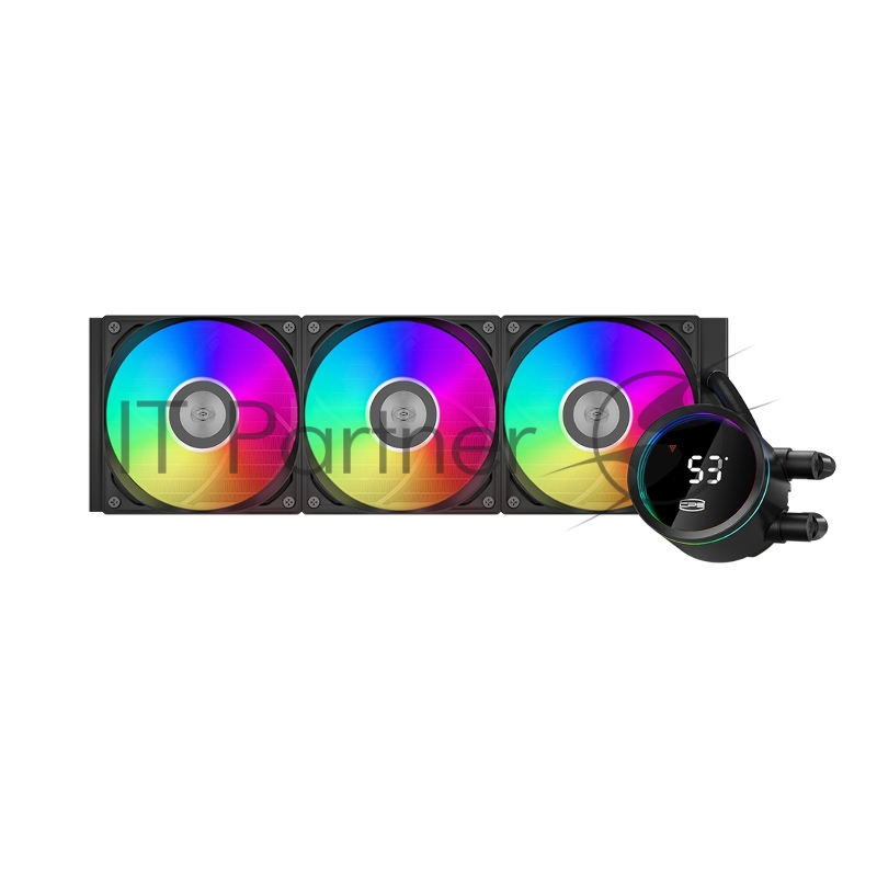 Система охлаждения/ PCCooler DA360 Pro ARGB Digital BK (300W, 360mm, LED temp., Black, ARGB/ Fans: 3x120mm, 75.8CFM, 33.7dBA, 2200RPM/ Pump height 57mm, 28dBA, 3000RPM, Rad thickness 27mm/ S: 1851, 1700, 1200, 20XX, 115X, AM5, AM4)