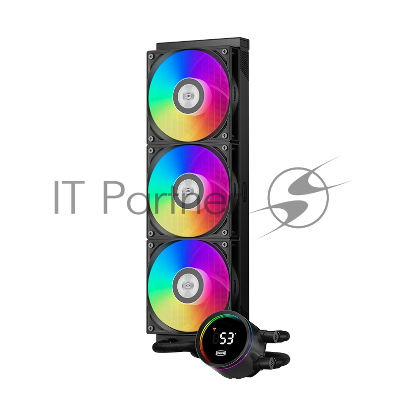 Система охлаждения/ PCCooler DA360 Pro ARGB Digital BK (300W, 360mm, LED temp., Black, ARGB/ Fans: 3x120mm, 75.8CFM, 33.7dBA, 2200RPM/ Pump height 57mm, 28dBA, 3000RPM, Rad thickness 27mm/ S: 1851, 1700, 1200, 20XX, 115X, AM5, AM4)