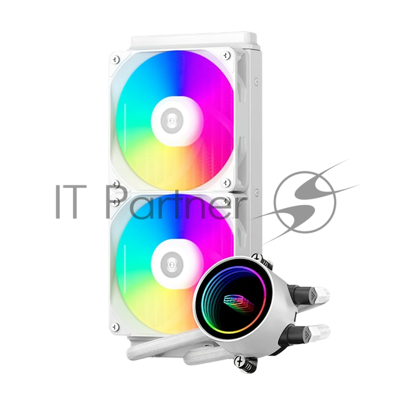 Система охлаждения/ PCCooler DA240 ARGB WH (270W, 240mm, White, ARGB/ Fans: 2x120mm, 73.6CFM, -dBA, 1800RPM/ Pump height 55mm, -dBA, 3000RPM, Rad thickness 27mm/ S: 1851, 1700, 1200, 20XX, 115X, AM5, AM4)