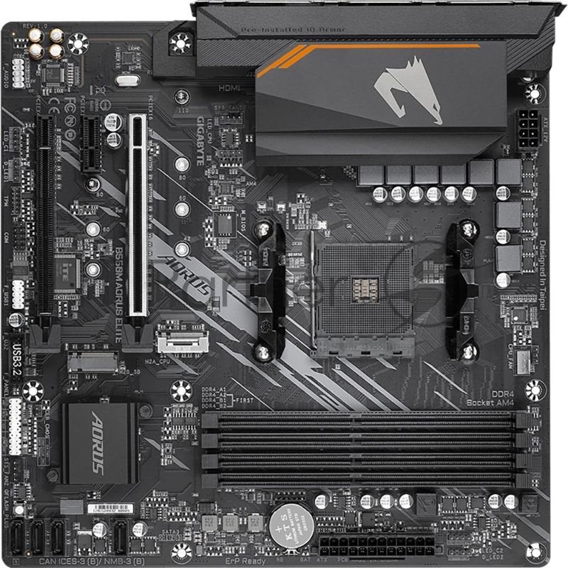Материнская плата Gigabyte B550M AORUS ELITE, AM4, AMD B550, 4xDDR4, 4xSATA, 2xM.2, 1xPCI-E 4.0 x16, 1xPCI-E 3.0 x4, 1xPCI-E x1, 1xHDMI, 1xDVI-D, 1x 1Gb LAN, 4xUSB-A 2.0, 4xUSB-A 3.2 Gen 1, 3x3.5 мм, 7.1, Micro-ATX, OEM