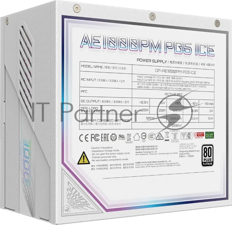Блок питания Gigabyte ATX 1000W GP-AE1000PM PG5 ICE Gen.5 80+ platinum (20+4pin) APFC 120mm fan 16xSATA Cab Manag RTL