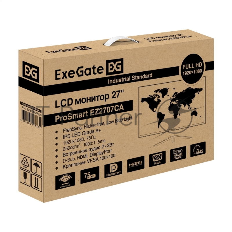 Монитор безрамочный с аудио 27 ExeGate ProSmart EZ2707CA (IPS LED Grade A+, FHD, 1920x1080@75Гц, 16:9, 250cd/m2, 1000:1, 178°/178°, 5ms, Speakers, D-Sub, HDMI, DisplayPort, audio-in, audio-out, Flicker-free, FreeSync, Low Blue Light, кабель HDMI 1.5м