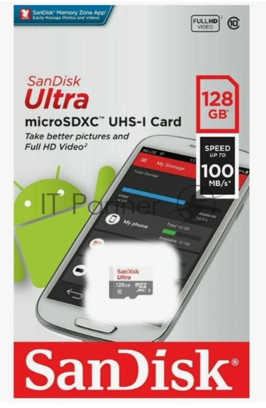 Флеш карта microSDXC 128GB SanDisk Ultra Class 10, UHS-I, R 100 МБ/с, <SDSQUNR-128G-GN3MN> адаптер на SD