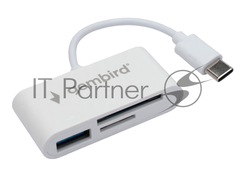 Картридер Type-C (2.0) Gembird FD2-MSD-2, 3в1: SD, TF (MicroSD), USB2.0, кабель 10см, белый
