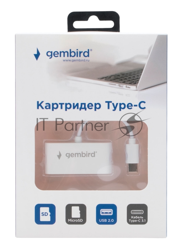 Картридер Type-C (2.0) Gembird FD2-MSD-2, 3в1: SD, TF (MicroSD), USB2.0, кабель 10см, белый