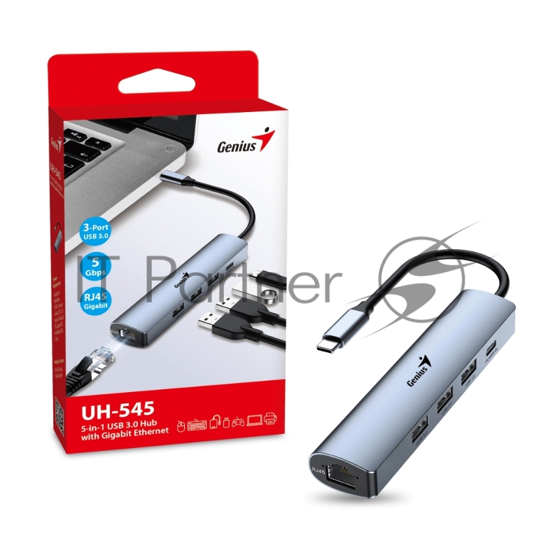 Концентратор USB HUB UH-545 USB3.0 с Ethernet RJ45, гигабитным Ethernet RJ45 x 1, портом питания USB-C (5 В 3 А) x 1, портами передачи данных USB-A 3.0 x 3