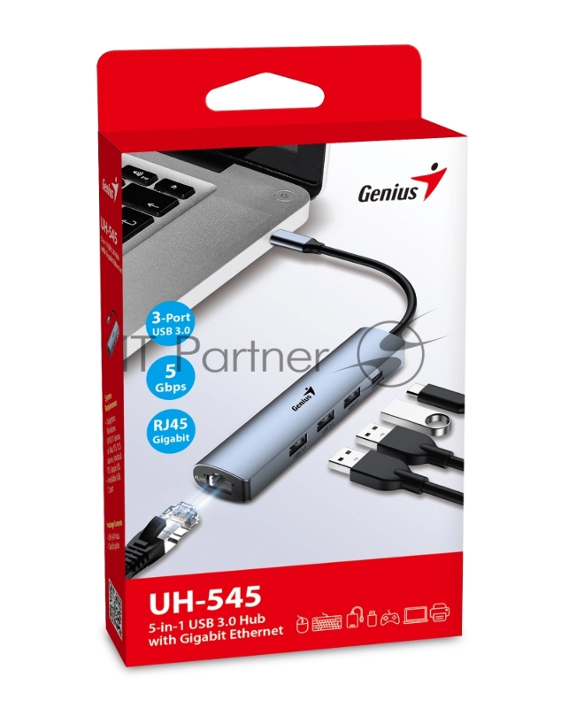 Концентратор USB HUB UH-545 USB3.0 с Ethernet RJ45, гигабитным Ethernet RJ45 x 1, портом питания USB-C (5 В 3 А) x 1, портами передачи данных USB-A 3.0 x 3