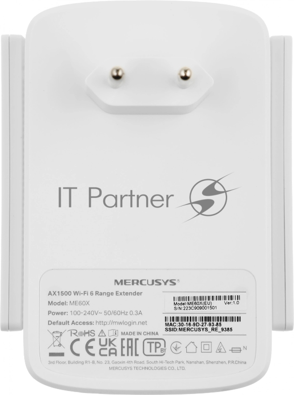 Повторитель беспроводного сигнала Mercusys ME60X AX1500 10/100/1000BASE-TX белый