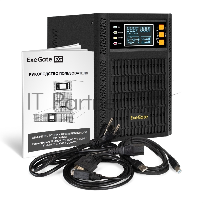 ИБП On-line ExeGate PowerExpert TL-2000.LCD.AVR.3SH.USB.RS232. <2000VA/2000W, On-Line, PF=1, LCD, 3*Schuko, RS232, USB, SNMP-slot, встроенные батареи 12V 7.2Ah - 4шт, Tower, металлический корпус, Black>