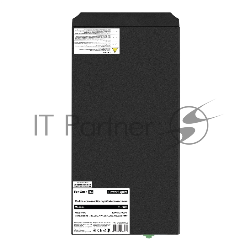 ИБП On-line ExeGate PowerExpert TL-3000.72V.LCD.AVR.3SH.USB.RS <3000VA/3000W, On-Line, PF=1, LCD, 3*Schuko, RS232, USB, SNMP-slot, встроенные батареи 12V 7.2Ah - 6шт, возможность подключения до 4 внешних батарейных блоков 72В, Tower, металлич