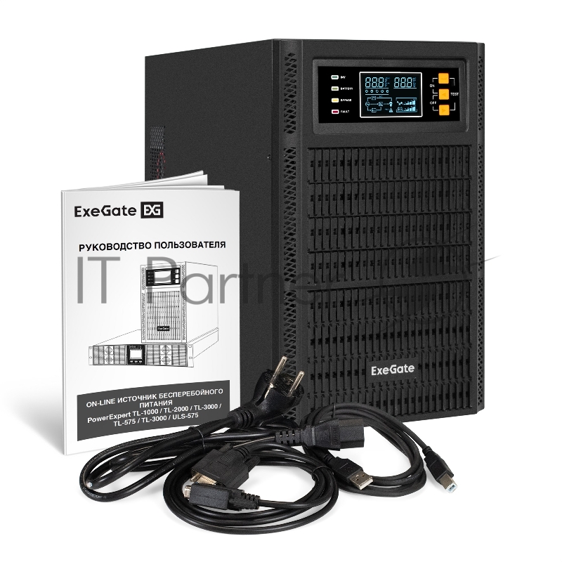 ИБП On-line ExeGate PowerExpert TL-3000.96V.LCD.AVR.3SH.USB.RS <3000VA/3000W, On-Line, PF=1, LCD, 3*Schuko, RS232, USB, SNMP-slot, встроенные батареи 12V 7.2Ah - 8шт, возможность подключения до 4 внешних батарейных блоков 96В, Tower, металлич