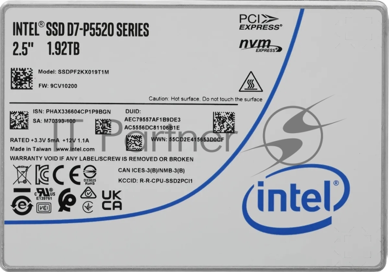 Накопитель SSD Intel D7-P5520 Series, 1920GB, U.2(2.5 15mm), NVMe, PCIe 4.0 x4, R/W 5300/1900MB/s, IOPs 700K/114K, TBW 3500, DWPD 1