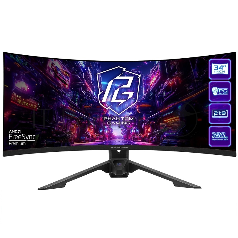 Монитор 34 ASRock Phantom Gaming PG34QRT3A Black (VA, 3440x1440, 2xHDMI+2xDP, 1 ms, 178°/178°, 500 cd/m, 3000:1, 180Hz, HDR400, MM, Curved 1500R, Height adjustment)
