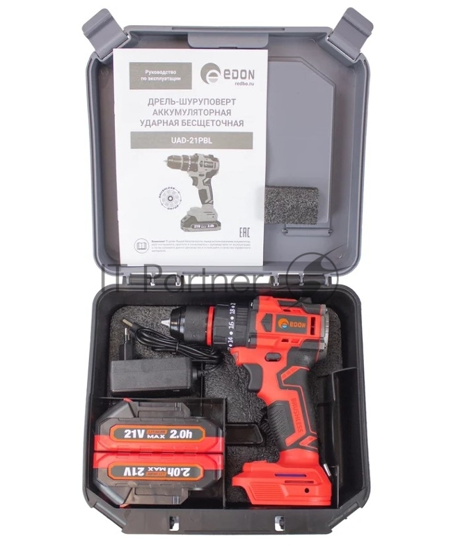 Дрель-шуруповерт аккумуляторная ударная EDON UAD-21PBL (2 АКБ*2Ач+ЗУ, 21В, 40Нм, кейс)