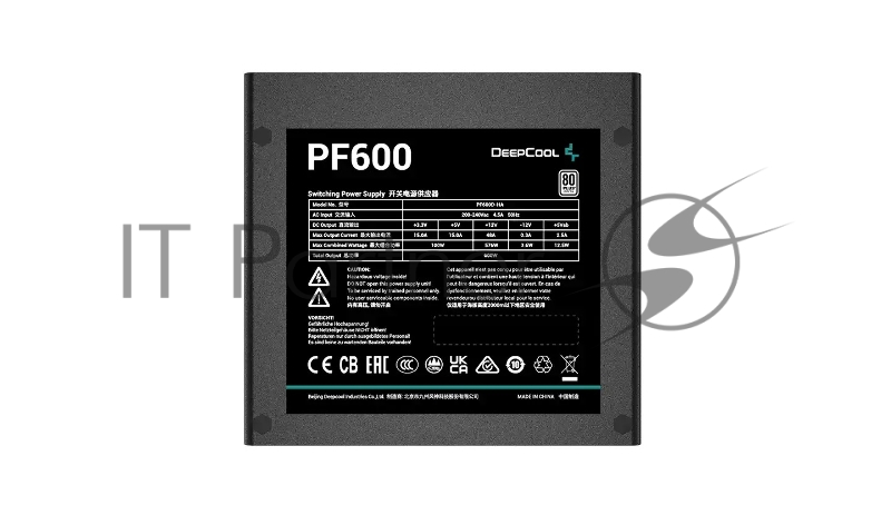 Блок питания 600Вт/ Блок питания DEEPCOOL PF600 R-PF600D-HA1B-CN, 600W, ATX2.4 80PLUS white, APFC, 20+4 pin, 4+4pin, 6xSata, 2xPCI-E (6+2pin), FAN 12CM, Кабель питания CN, Черный