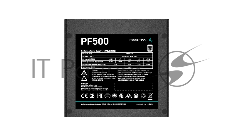 Блок питания 500Вт/ Блок питания DEEPCOOL PF500 R-PF500D-HA1B-CN, 500W, ATX2.4 80PLUS white, APFC, 20+4 pin, 4+4pin, 6xSata, 2xPCI-E (6+2pin), FAN 12CM, Кабель питания CN, Черный