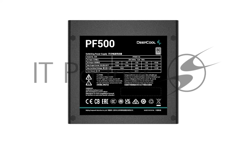 Блок питания 500Вт/ Блок питания DEEPCOOL PF500 R-PF500D-HA1B-CN, 500W, ATX2.4 80PLUS white, APFC, 20+4 pin, 4+4pin, 6xSata, 2xPCI-E (6+2pin), FAN 12CM, Кабель питания CN, Черный