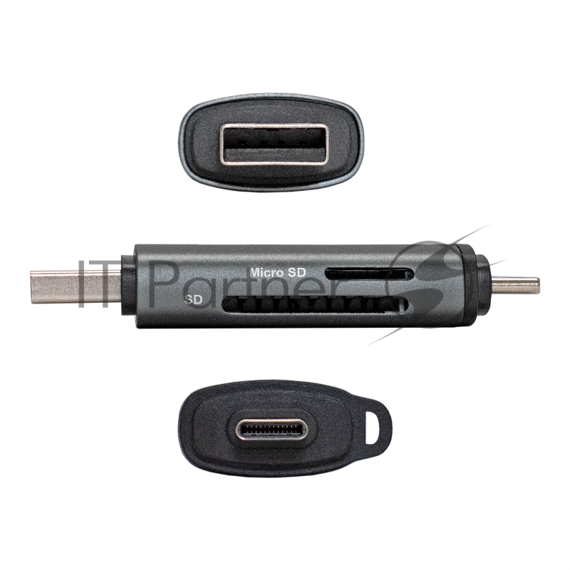 Устройство чтения/записи карт памяти ExeGate CR-201CA (кабель-адаптер USB Type-A/Type-C --> Card Reader, поддержка стандартов: SD/SDHC/MMCII/RS MMC, Micro SD/ Micro SDHC/Micro SDXC, Plug&Play, серый)