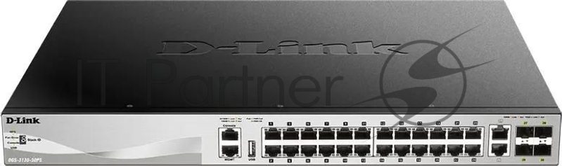 Коммутатор D-Link DGS-3130-30PS/B2A Управляемый L3 стекируемый коммутатор с 24 портами 10/100/1000Base-T, 2 портами 10GBase-T и 4 портами 10GBase-X SFP+ (24 порта PoE 802.3af/at, PoE-бюджет 370 Вт 740 Вт с DPS-700)