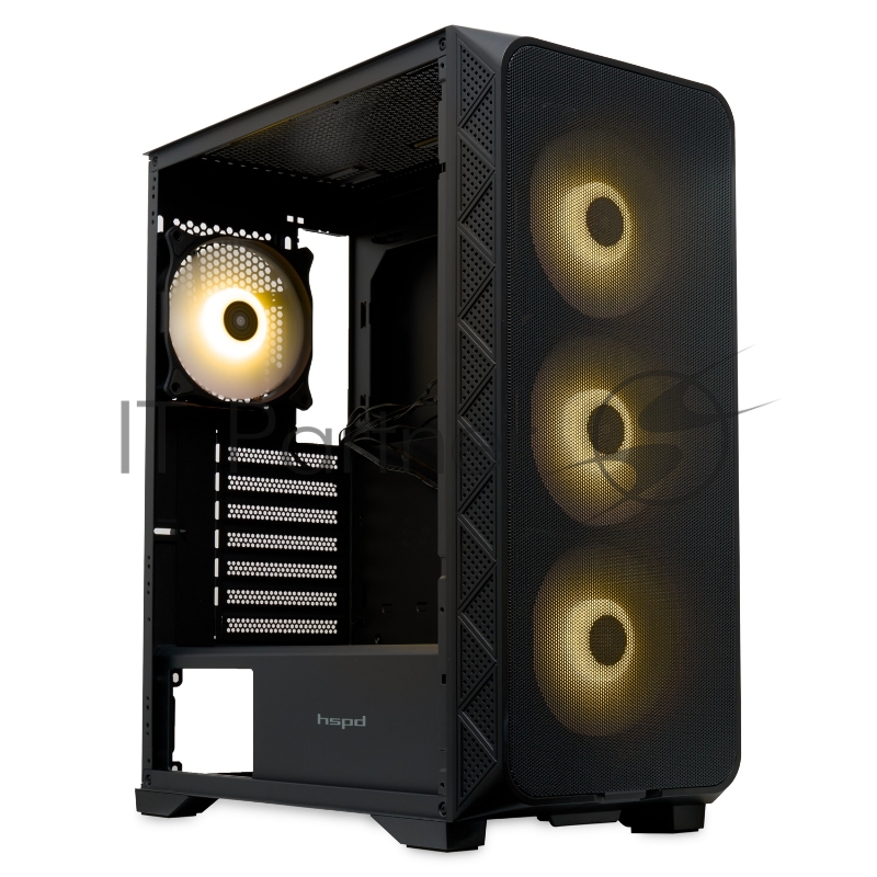 Корпус без блока питания/ HSPD M521, Mesh Mid Tower, Black, slide TG, 0.45 SPCC, 4x120mm ARGB ATX, mATX, mITX 160/330/184mm 2x2.5, -, 7xPCI 2xUSB-A 3.0, 1xUSB-A 1.0 390x200x449mm