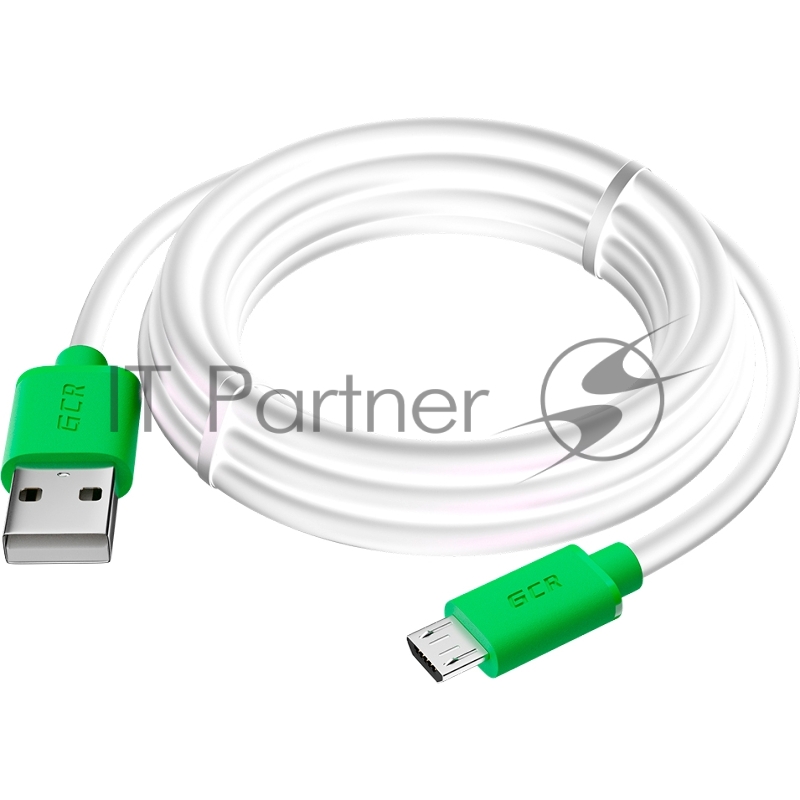 GCR Кабель 3.0m MicroUSB, белый, зеленые коннекторы, быстрая зарядка, 28/24 AWG, GCR-53229