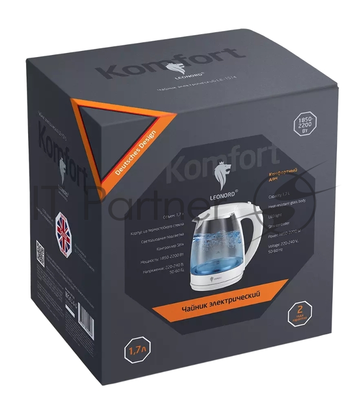 Чайник электрический LEONORD LE-1514 1,7л стекло, пластик, белый
