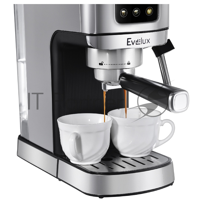 Кофеварка EVELUX/ Кофеварка EVELUX, рожковая, 3 программы, давление 20 бар, подогрев чашек, объем контейнера для воды 1.2 л, приготовление вспененного молока, защита от перегрева, сенсорное управление, цвет нержавеющая сталь