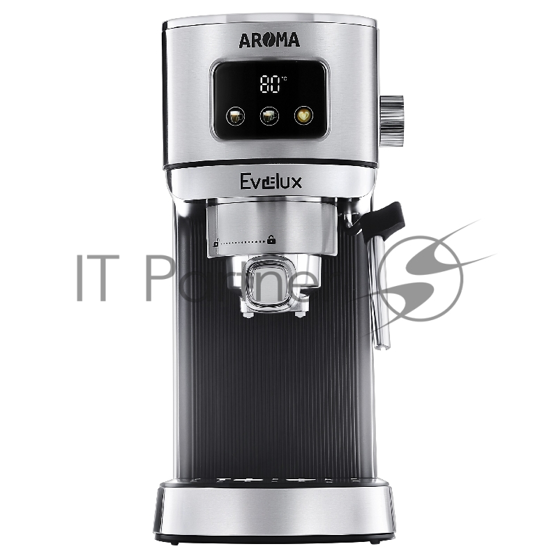 Кофеварка EVELUX/ Кофеварка EVELUX, рожковая, 3 программы, давление 20 бар, подогрев чашек, объем контейнера для воды 1.2 л, приготовление вспененного молока, защита от перегрева, сенсорное управление, цвет нержавеющая сталь