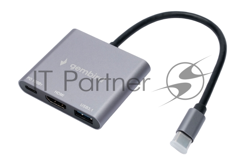 Док-станция Type-C Gembird UHB-D2, 3в1: USB3.1, Type-C PD100W, HDMI, кабель 15см, алюминий