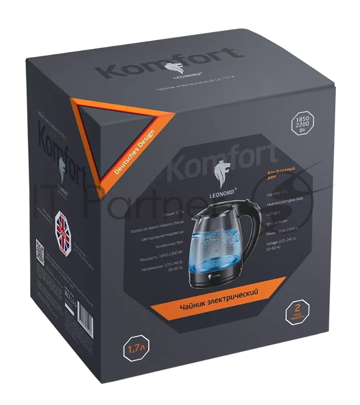 Чайник электрический LEONORD LE-1514 1,7л стекло, пластик, черный