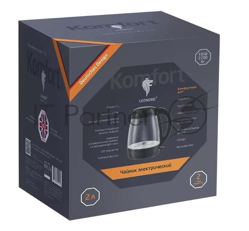 Чайник электрический LEONORD LE-1519 2л, стекло, черный