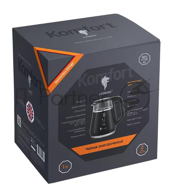 Чайник электрический LEONORD LE-1534 1л, пластик, стекло черный