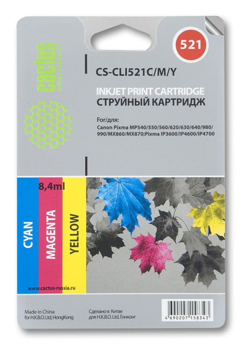 Картридж струйный Cactus CS-CLI521C/M/Y голубой/пурпурный/желтый набор карт. для Canon Pixma iP3600/